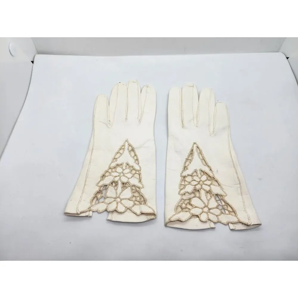 Vintage White Leather Gloves Womens Floral Lace Cutout Insert Wrist